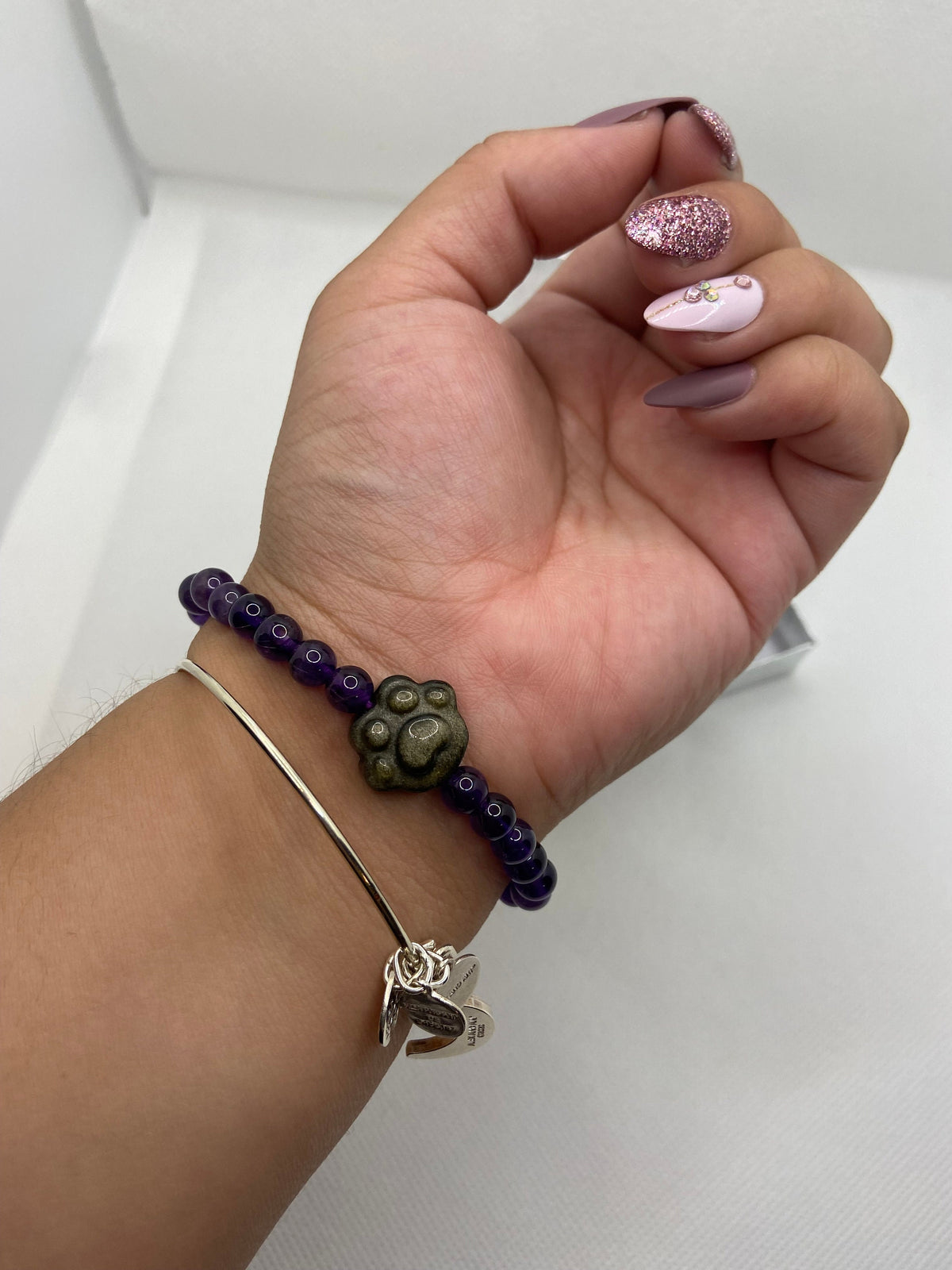 Amethyst and Gold Sheen Obsidian Paw Bracelet