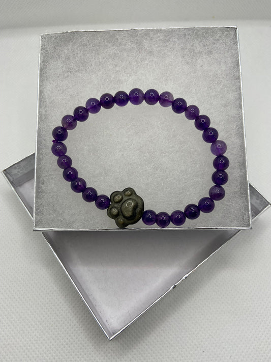 Amethyst and Gold Sheen Obsidian Paw Bracelet