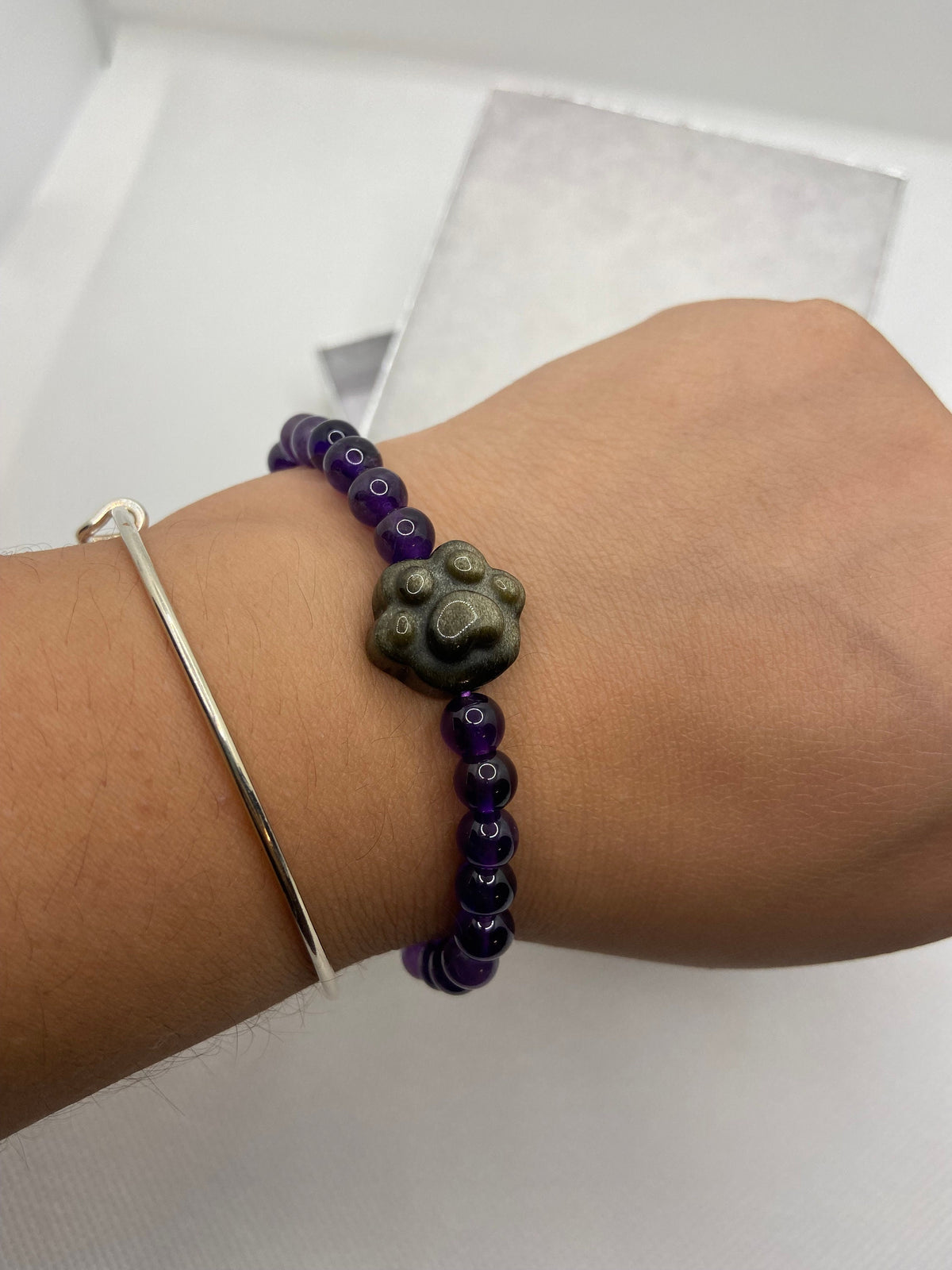 Amethyst and Gold Sheen Obsidian Paw Bracelet