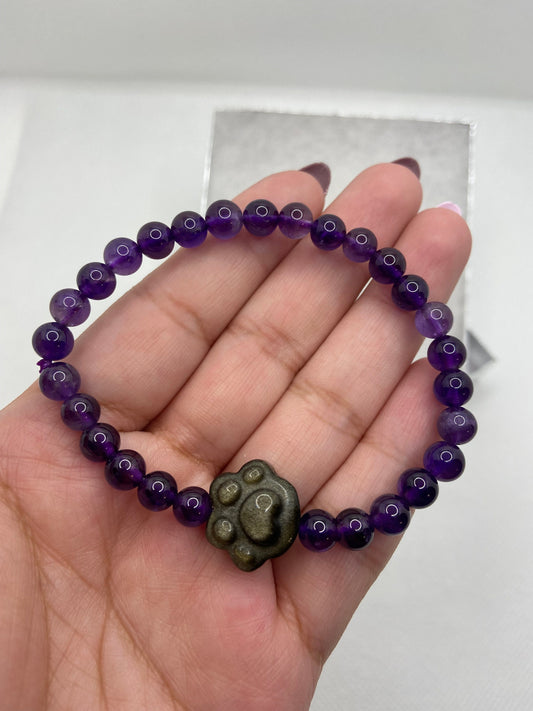Amethyst and Gold Sheen Obsidian Paw Bracelet